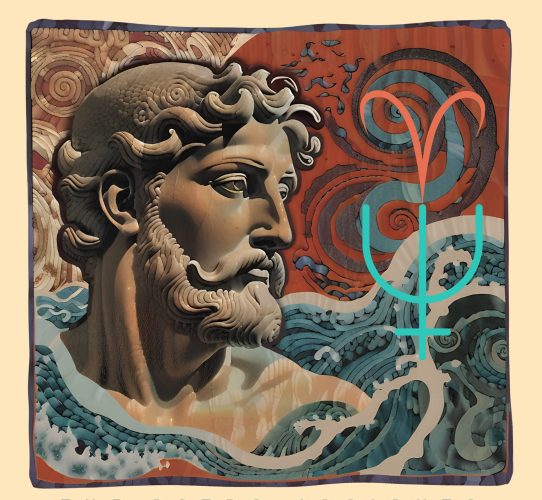 Graphic of the go d of the sea and the astrological glyphs for Neptune and Aries