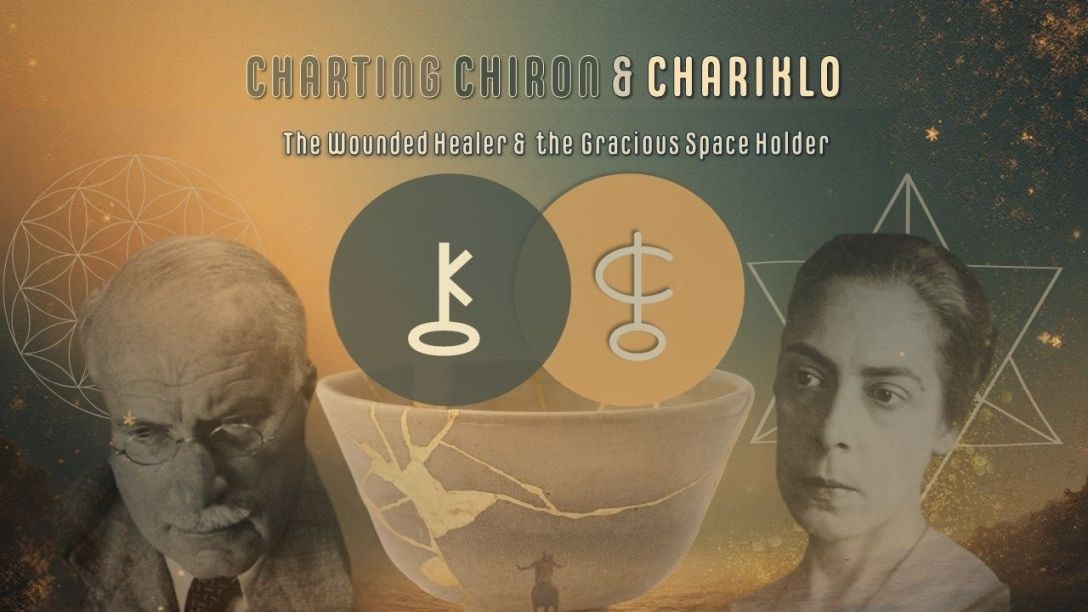 Graphic of Chiron and Chariklo with the grail cup and likenesses of carl jung and toni wolff